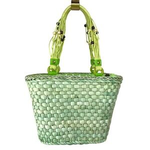 SUNNSAND Straw Handbag Lime Green Raffia Resortcore Coastal Vacation Beach Purse